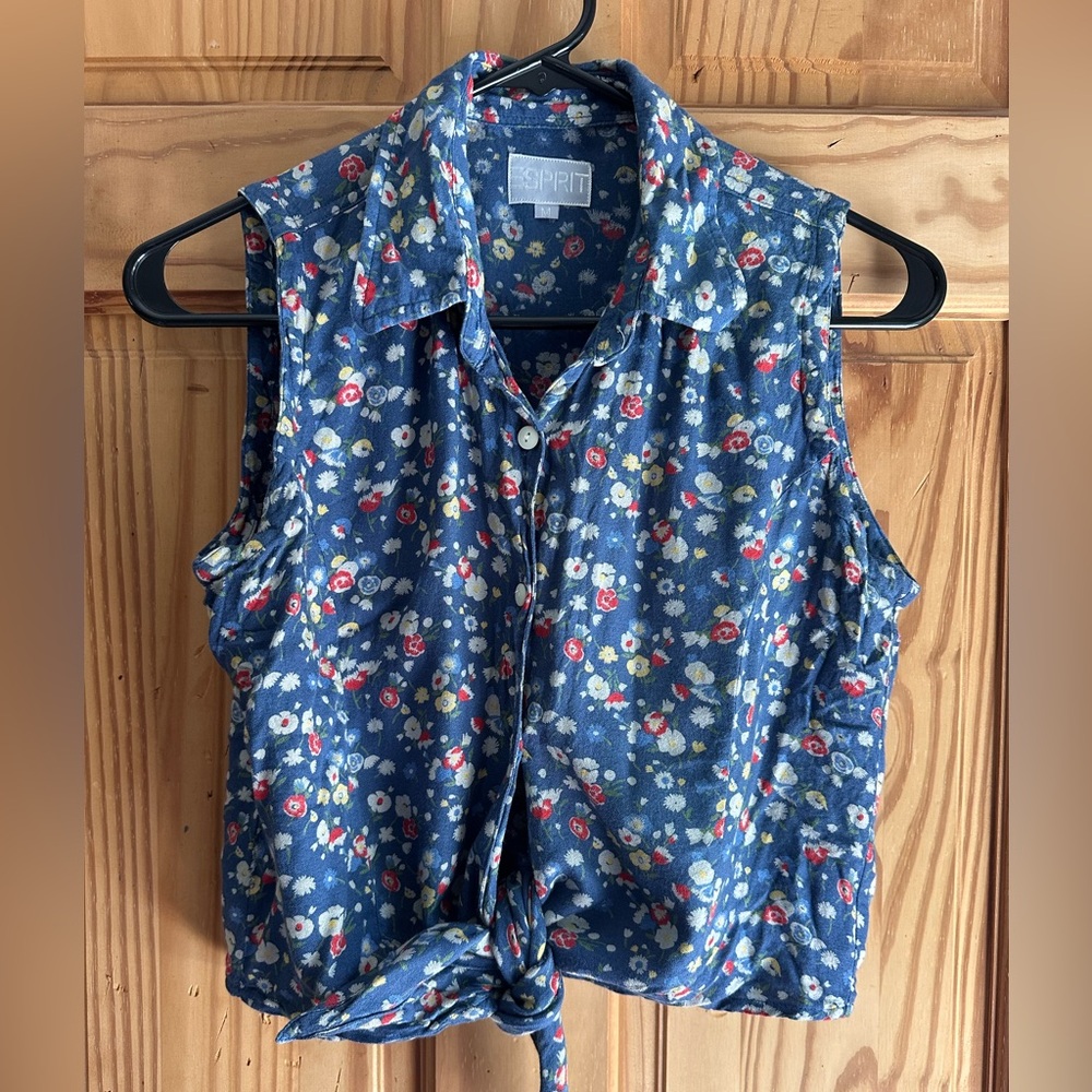 Vintage Esprit Blue Floral Sleeveless Button Down Shirt with Tie Front